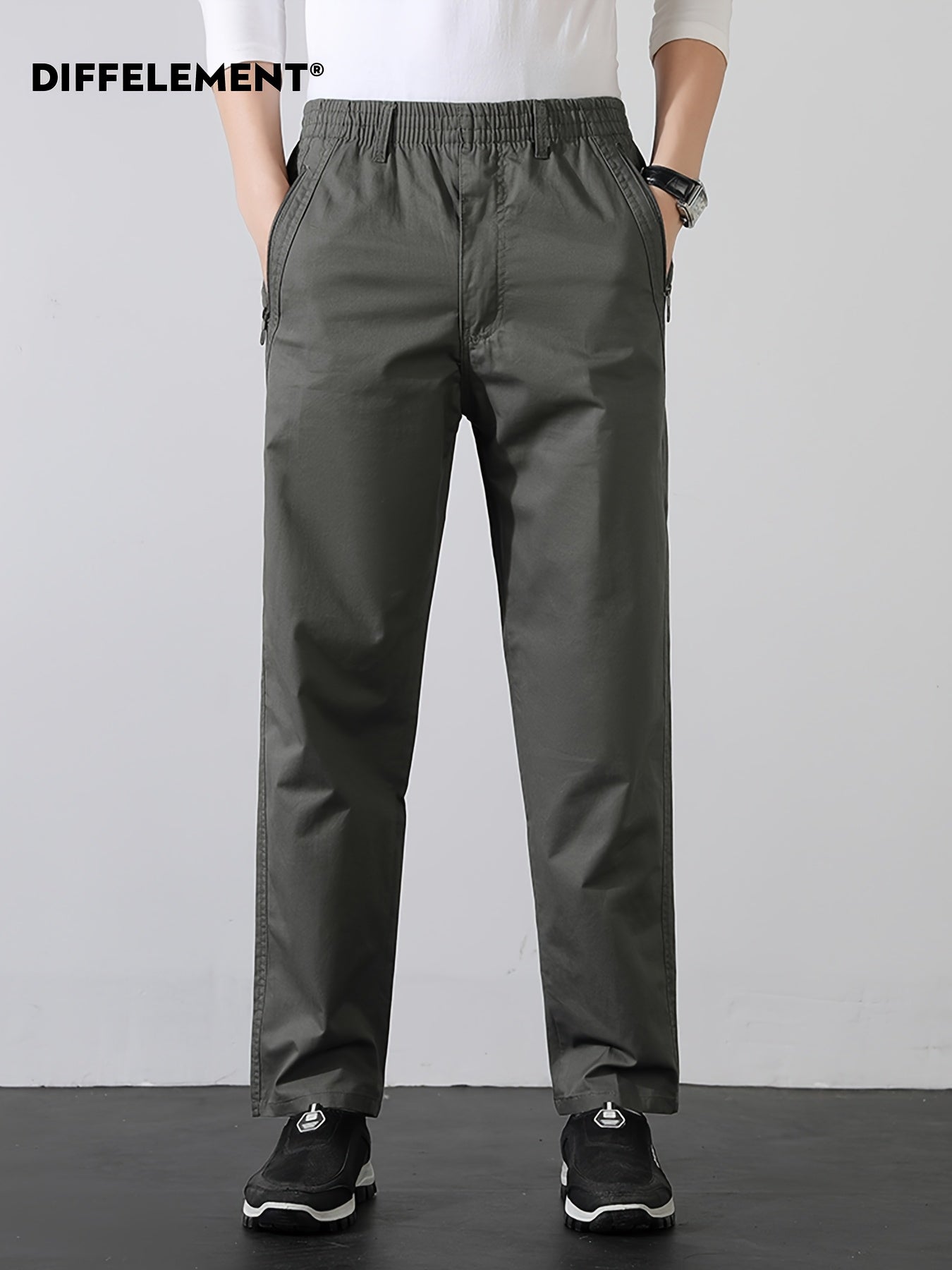 Men's Cotton Casual Trousers with Elastic Waist and Zipper Pockets