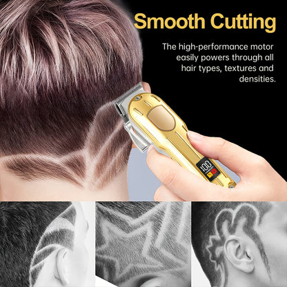 One Piece of a Golden Electric Hair Clipper for Men, Featuring a Professional-Grade Design with an Adjustable Serrated Blade, Four Comb Attachments of Varying Sizes, USB Charging Capability - ayq