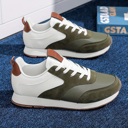 Men'S Casual Sneakers - Flat Lace-Up Shoes with Thick Sole for Height Increase - Breathable All-Season Running Shoes, Olive Green & White, Perfect for Outdoor Activities, Hiking, and Daily Wear, Hiking Footwear | Stylish Lace - ayq