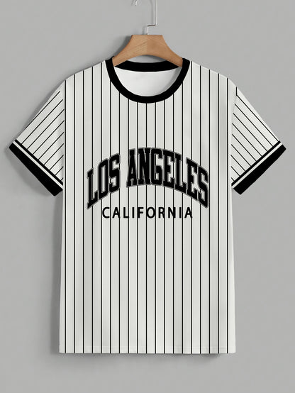 Men'S Los Angeles California Striped T-Shirt - Casual Short Sleeve Crew Neck, Breathable Summer Outdoor Sports Top, White with Black Letter Print, Regular Fit Tee for Casual Attire, Breathable Clothing   California Pride Shir