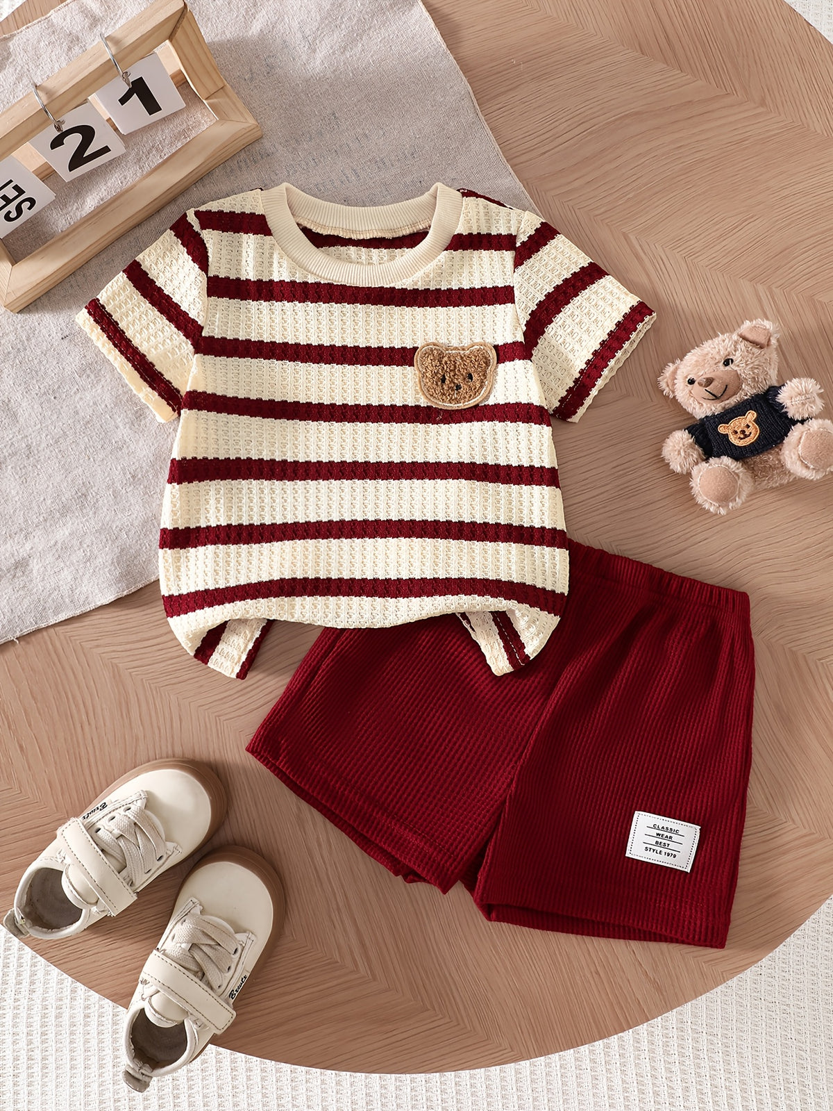 Baby Summer Striped Red White Set with Bear Plush Shorts - ayq