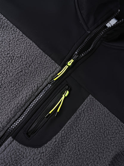 New Autumn And Winter Men'S Plush Zip-Up Color-Blocking Pocket Stand Collar Jacket And Long Pants Set, Stylish High Street Men'S Two-Piece Outfit