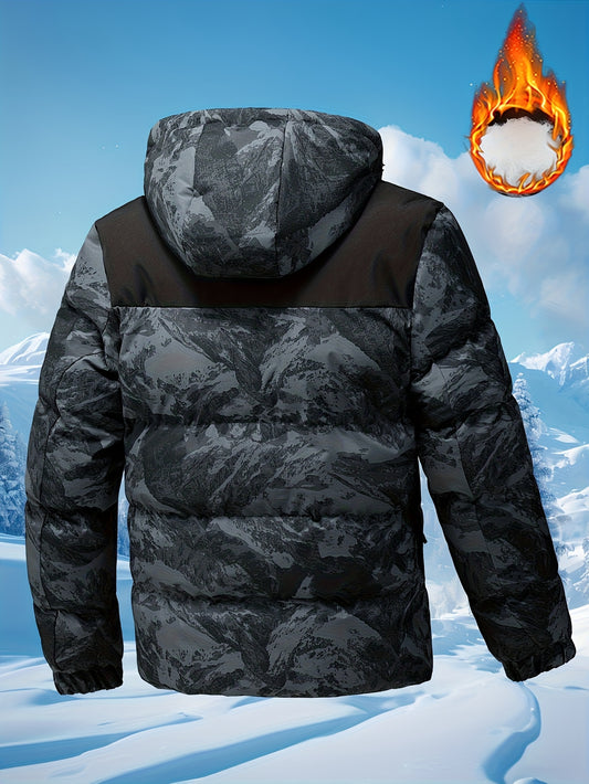 Men'S Heavyweight Winter Jacket - Windproof Thermal Insulated Hooded Coat with Full-Zip Closure, Adjustable Hood & Zippered Arm Pockets - Cold Weather Skiing, Snowboarding, Outdoor Activities - Black/White Camo Pattern - Poly