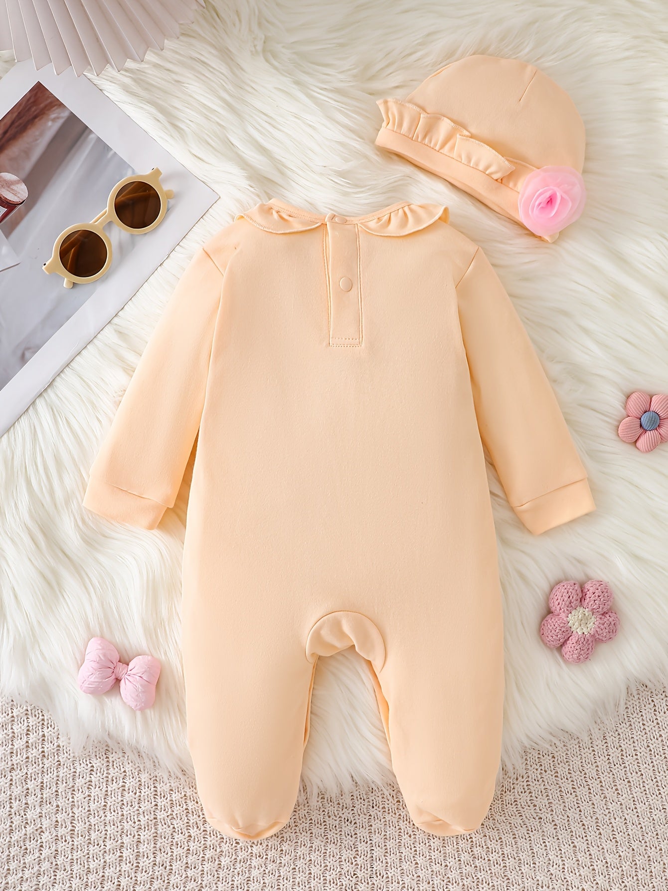 Baby Girl Cotton Romper Set with Ruffle Trim and Hat 0-12m