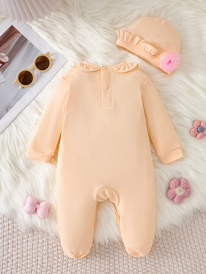 Baby Girl Cotton Romper Set with Ruffle Trim and Hat 0-12m