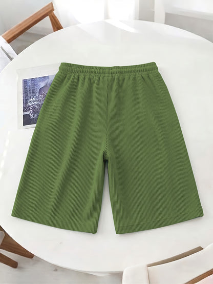 Women’s Casual Loose-Fit Corduroy 5-Point Pants with Elastic Waist