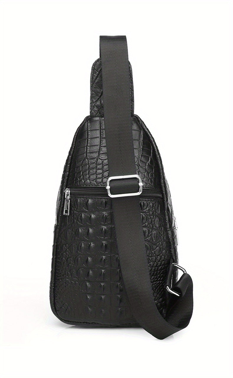 SCHLATUM Genuine Leather Crocodile Pattern Sling Bag - Black, Large-Capacity Multifunctional Crossbody Backpack for Travel, Sports  Camping, Stylish Zipper Closure Design