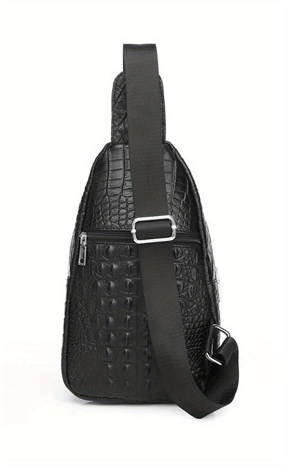 SCHLATUM Genuine Leather Crocodile Pattern Sling Bag - Black, Large-Capacity Multifunctional Crossbody Backpack for Travel, Sports  Camping, Stylish Zipper Closure Design