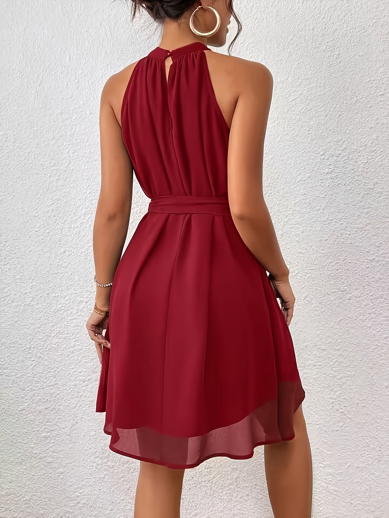 Women’s Solid Color Chiffon Halter Neck Summer Dress with Belt