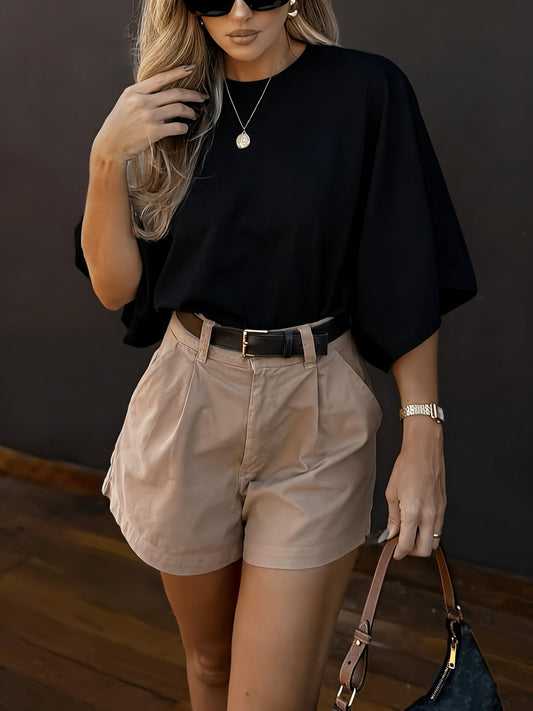 Women's Summer Cotton Loose Fit Solid Color Round Neck Tee
