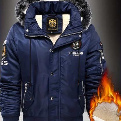 Men'S Heavyweight Winter Jacket with Detachable Hood & 3D Lettering - Full-Zip Windproof Coat, Multi-Pocket Design, Machine Washable