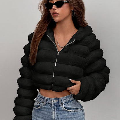 Women'S Elegant Black Faux Fur Hooded Jacket - Short Length Winter Coat with Zipper Closure, Long Sleeves, Solid Color, Casual Style for Fall/Winter, Winter Outerwear | Elegant Hooded Jacket | Zipper Closure Jacket
