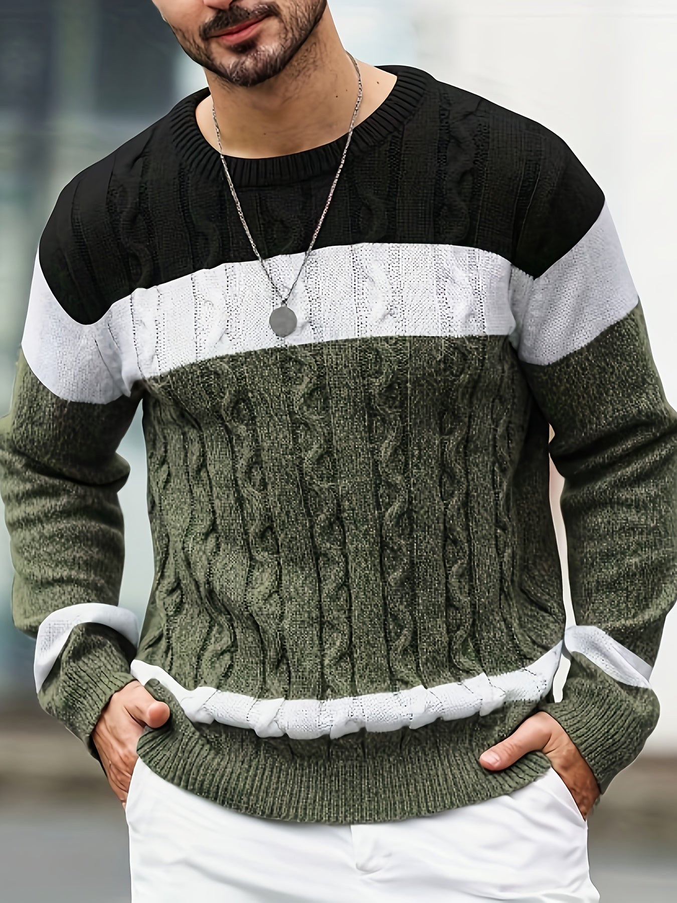 Men's Autumn/Winter Casual Color-Block Twist-Knit Pullover Sweater