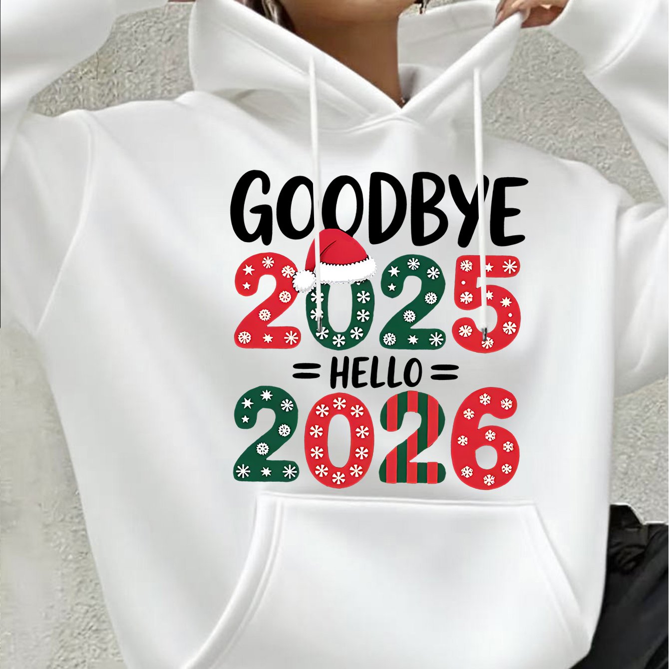Women's White 2025 New Year & Christmas Hooded Sweatshirt - Goodbye 2024 2025 Print with Snowflakes & Candy Canes, Cozy Winter Pullover Hoodie, Relaxed Fit Casual Sweater for Holiday Parties & New Year's Eve Outfits