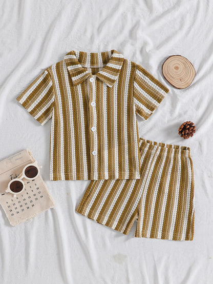 Boys' Summer Striped Waffle Knit Shirt & Shorts Set
