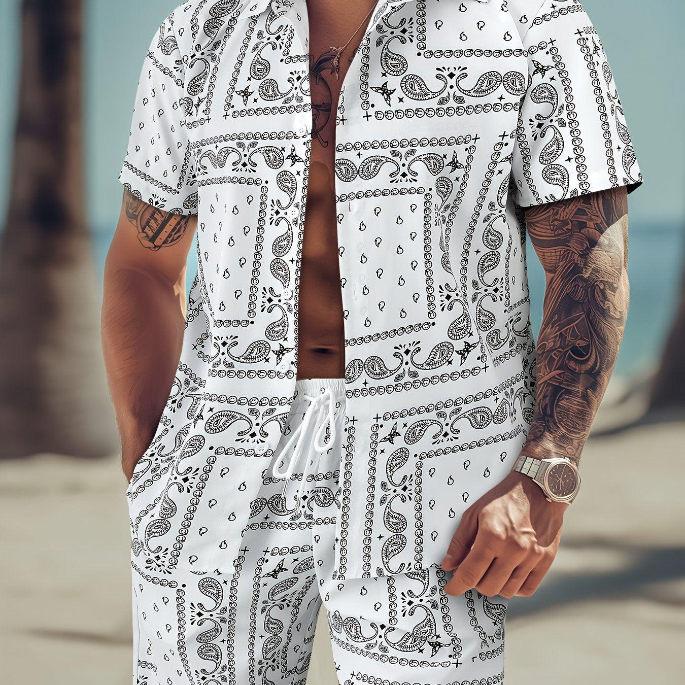 Men's Paisley Print Short Sleeve Shorts Single Button Shirt Suit with Elastic Cord and Pockets