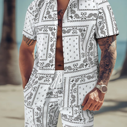 Men's Paisley Print Short Sleeve Shorts Single Button Shirt Suit with Elastic Cord and Pockets