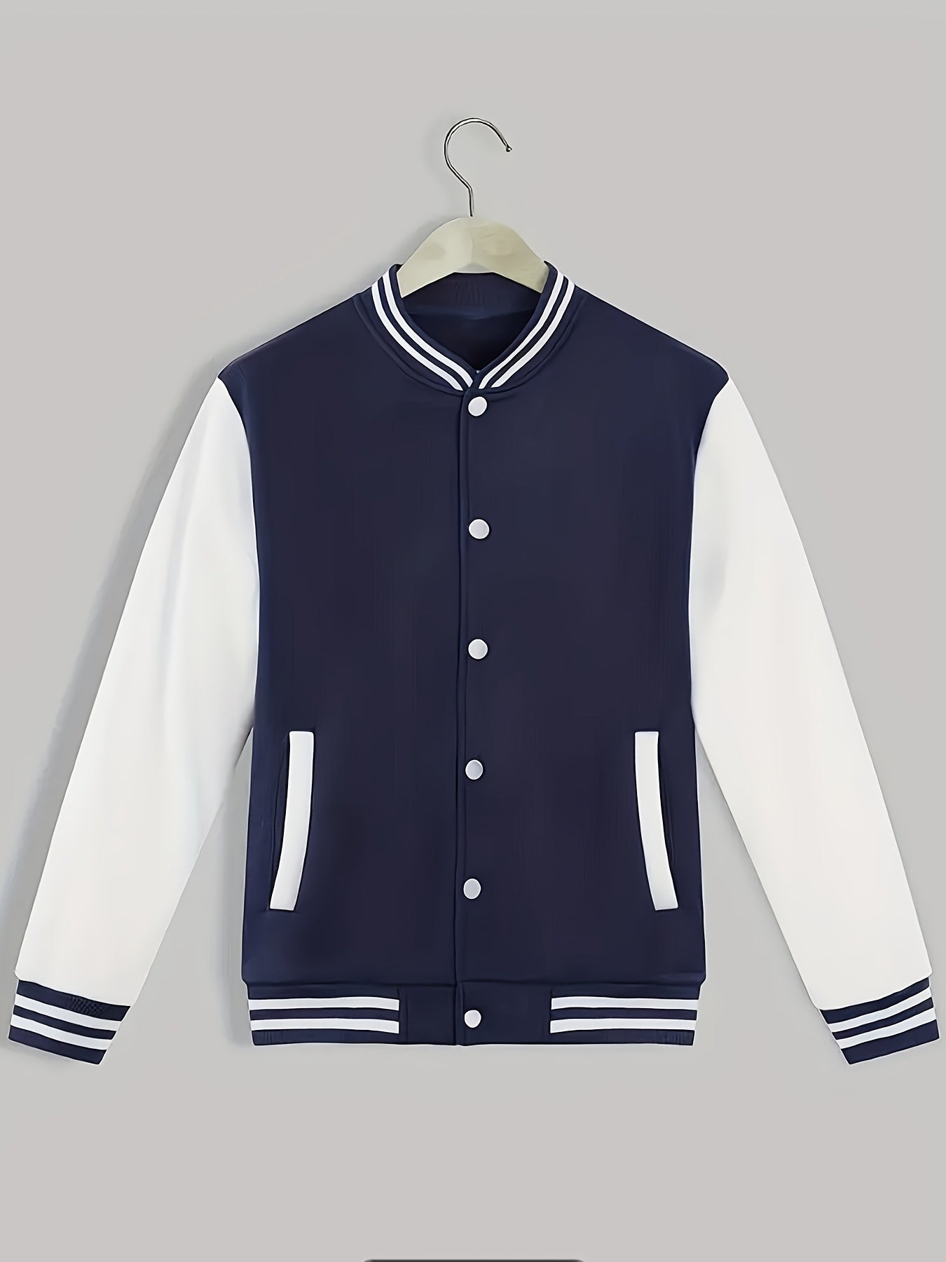 Men'S Casual Baseball Jacket - Stylish Black with White Stripes, Button-Up, Long Sleeve, Perfect for Spring & Fall, Casual Attire, Casual Wear|Baseball Jacket| Constructio