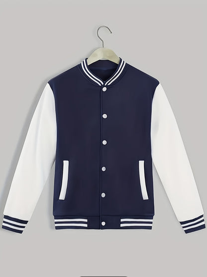 Men'S Casual Baseball Jacket - Stylish Black with White Stripes, Button-Up, Long Sleeve, Perfect for Spring & Fall, Casual Attire, Casual Wear|Baseball Jacket| Constructio