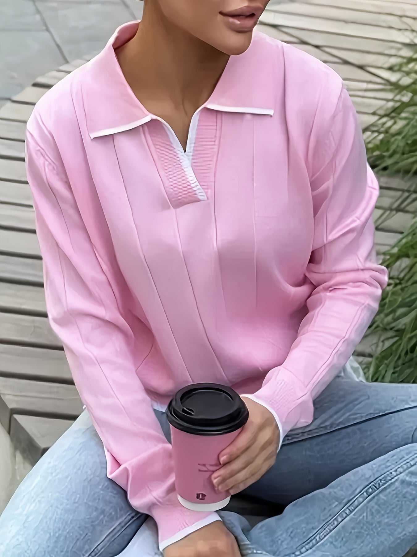 Women's Slim-Fit Long Sleeve Viscose Polo Top for Spring/Fall