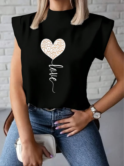 Women's Fashionable White T-Shirt with Leopard Print Heart and "LOVE" Cursive - Short Sleeve, Polyester Blend, Machine Washable