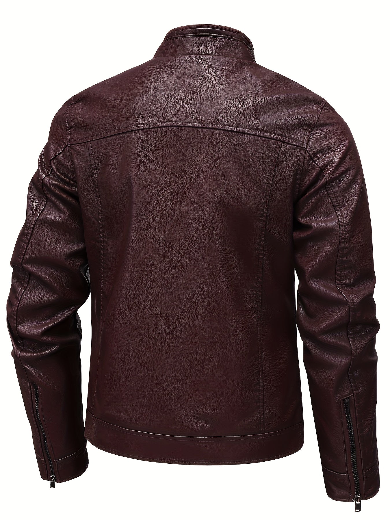 Men's Stylish Burgundy Jacket - Fall/Winter Trendy Stand Collar Biker Jacket with Multiple Zippered Pockets, Casual Design for Casual Attire, Fall Jacket | Modern Casual Jacket | Glossy Finish Jacket