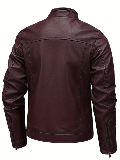 Men's Stylish Burgundy Jacket - Fall/Winter Trendy Stand Collar Biker Jacket with Multiple Zippered Pockets, Casual Design for Casual Attire, Fall Jacket | Modern Casual Jacket | Glossy Finish Jacket