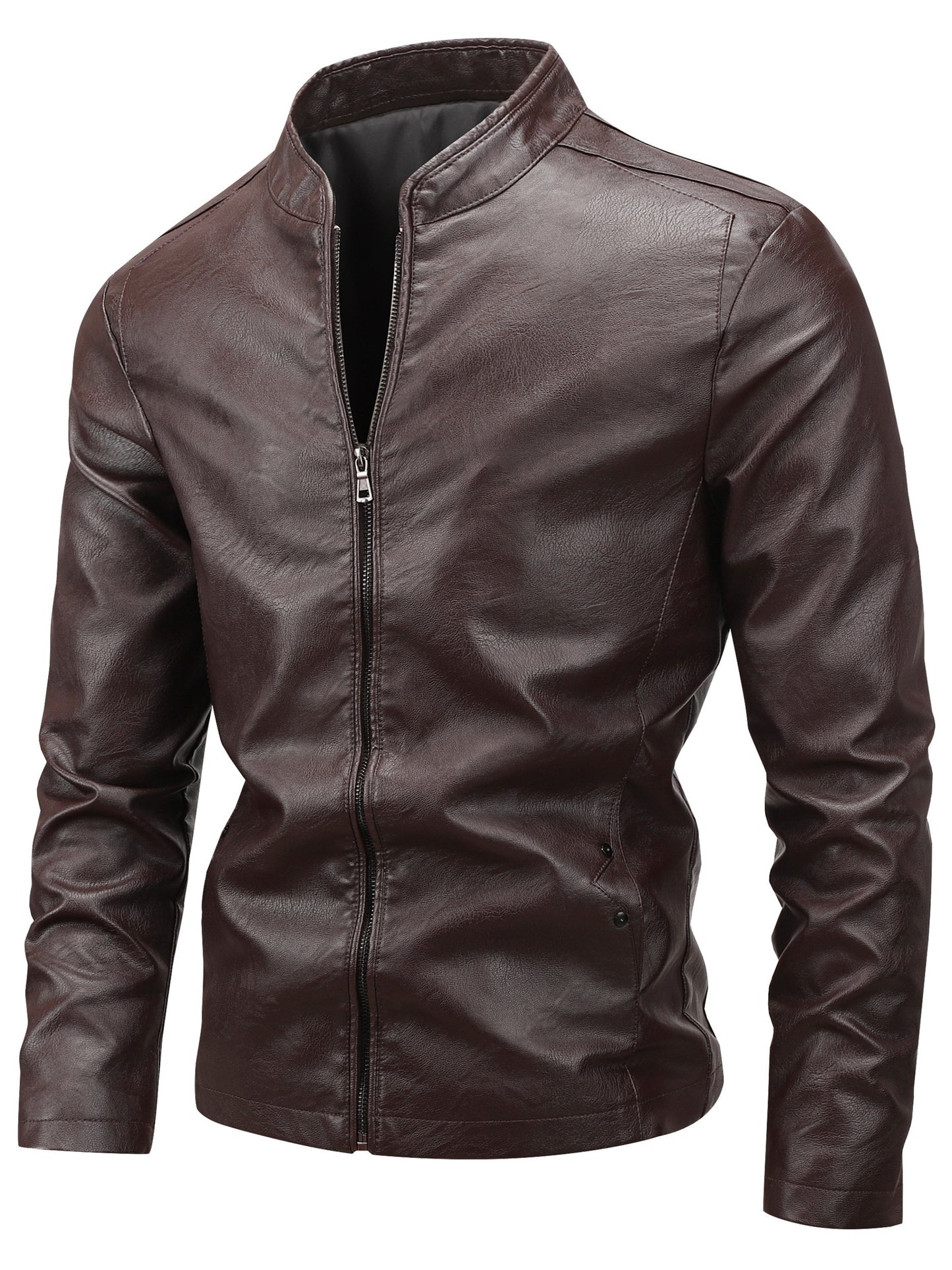 Men's Casual Baseball Collar PU Jacket with Zipper