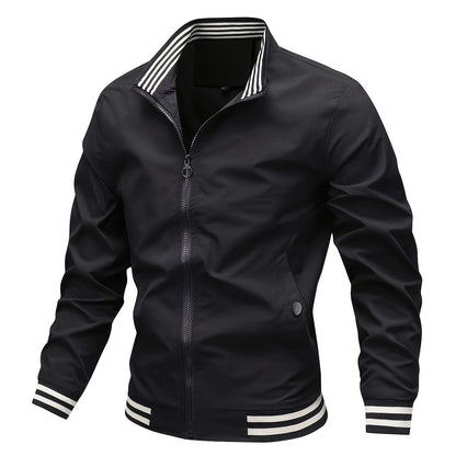 Men's Stand Collar Long Sleeve Zip Up Sports Jacket With Contrast Trim Design, Men's Spring Fall Outwear, As Gifts