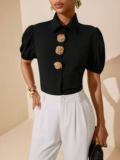 Women's Elegant Solid Color Puff Sleeve Shirt with Metal Buttons
