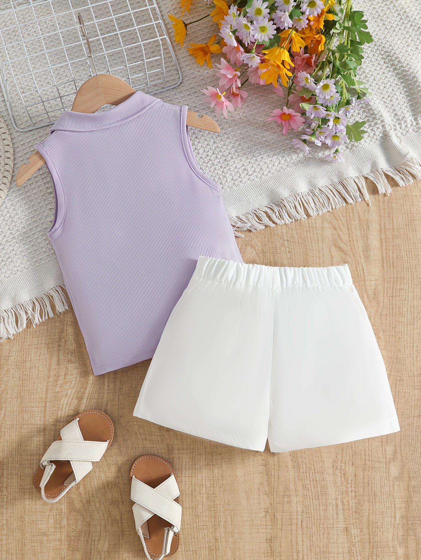 Girls' Sleeveless V-Neck Top & White Shorts Summer Set