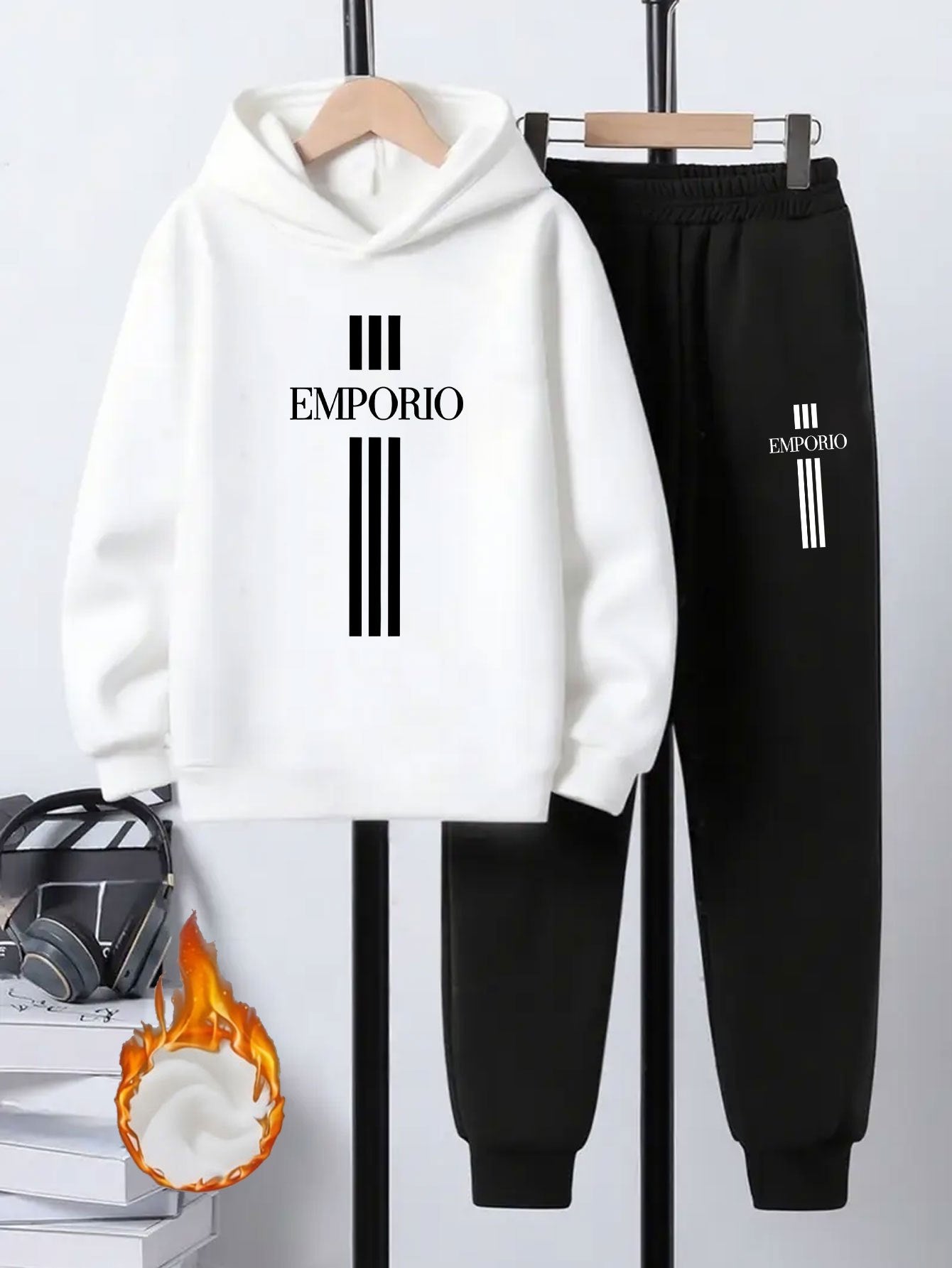 Boys' 2pcs Hoodie and Sweatpants Set with EMPORIO Print, Polyester Material, Comfortable Fit for Autumn/Winter Wear, Perfect for Daily Use and Outdoor Activities | Back-to-School Gift | Ideal for Home Sports | Essential for R