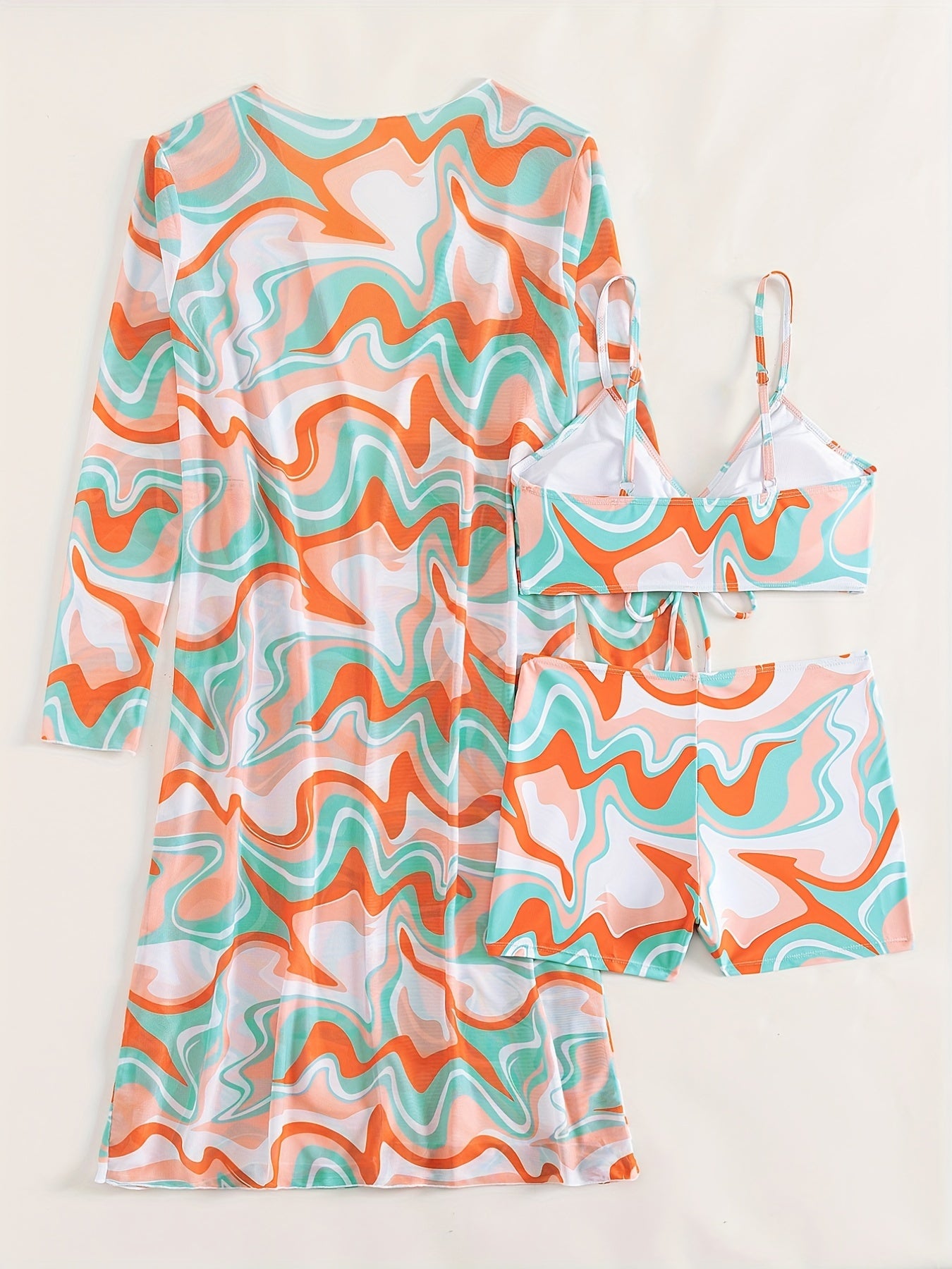 3-Piece Women’s Geometric Print Bikini Set with Sheer Cover Up
