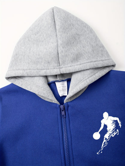 2pcs Boys' Casual Sportswear Set, Fashion Basketball Print Fleece-Lined Zip-Up Hoodie + Pants for Autumn and Winter, Suitable for Daily Wear and Outdoor Activities, Perfect for Outdoor