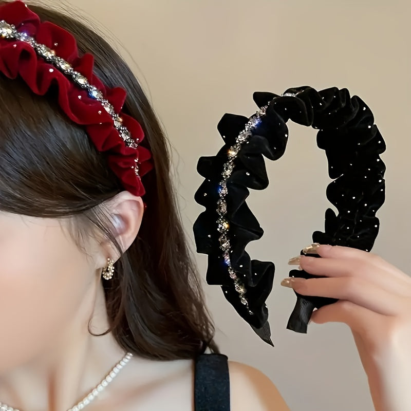 1/2pcs New Style Velvet Ribbon Hairband with Rhinestone Chain & Fold Design for s' Casual Attire
