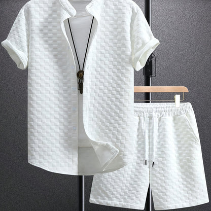 Men's Set Shirt Short Sleeve Shorts Thick Solid Color Knit Jacquard Casual Comfort High-Quality Two-Piece Set