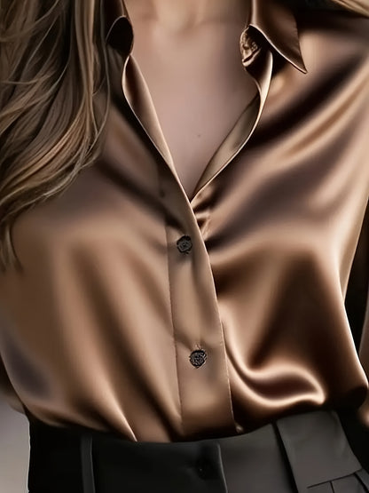 Women's Elegant All-Season Glossy  Shirt Jacket - Collar -Front Closure, Solid Brown (Copper/Black) - Tailored Blazer for, Office & Formal Events - Machine Washable Non-Stretch Professional Outerwear