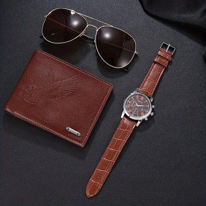 A Set of 3 Stylish And Cool Men'S Watches, Glasses, And Wallet, Perfect for Wearing During Holidays And Special Occasions Like Thanksgiving, Father'S Day, Birthday Parties, And Other Commemorative Celebrations