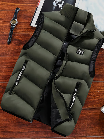 Men's Thickened Polyester Warm Vest with Full-Zip and Stand Collar