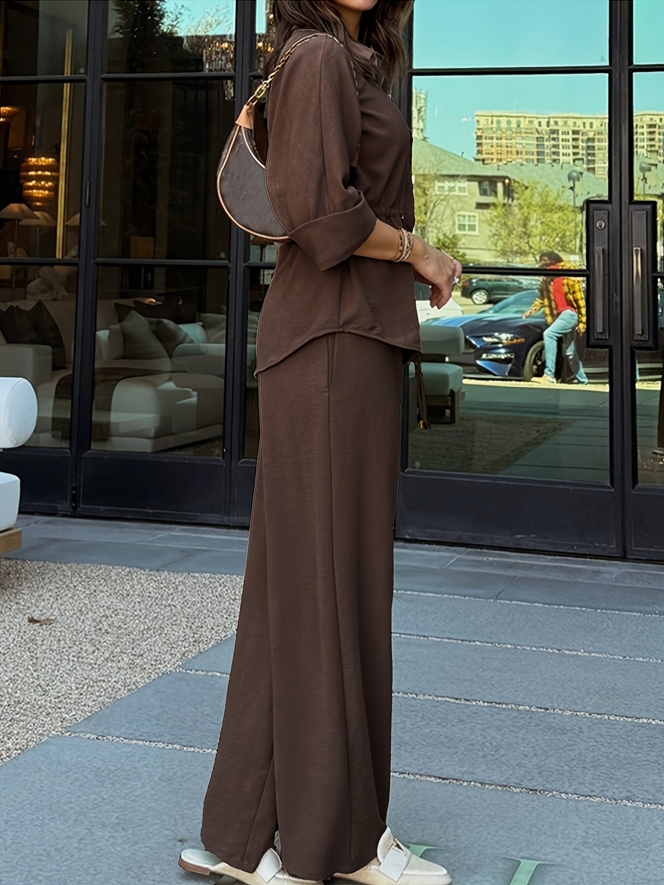 Women'S Spring And Autumn Solid Color Casual Minimalist Button-Up Shirt with Waist Drawstring Design And Vintage French Style Long Sleeves, Paired with Wide-Leg Pants in a Two-Piece Set - ayq