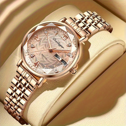 Elegant Women's Quartz Watch with Rose Gold Alloy Case