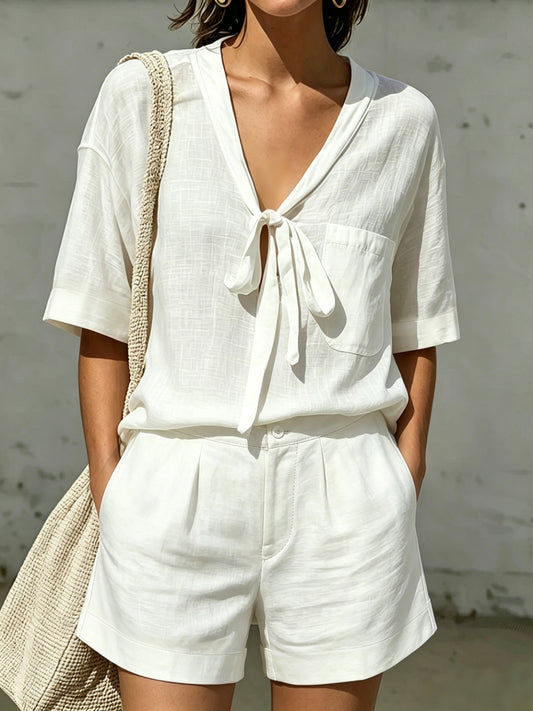Women's White Linen-Like Tie Front Top & Elastic Waist Shorts Set