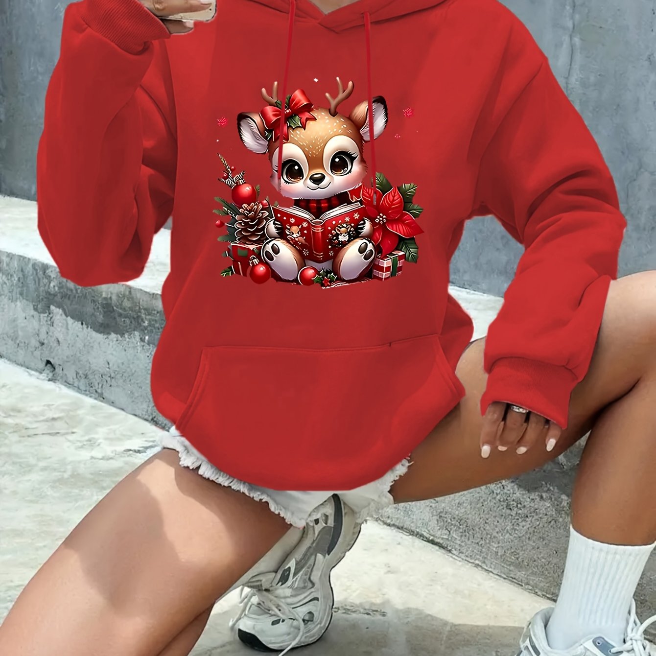 Women's Fashion Autumn/Winter Christmas Reindeer Print y Casual -Lined -Feel Hooded Sweatshirt