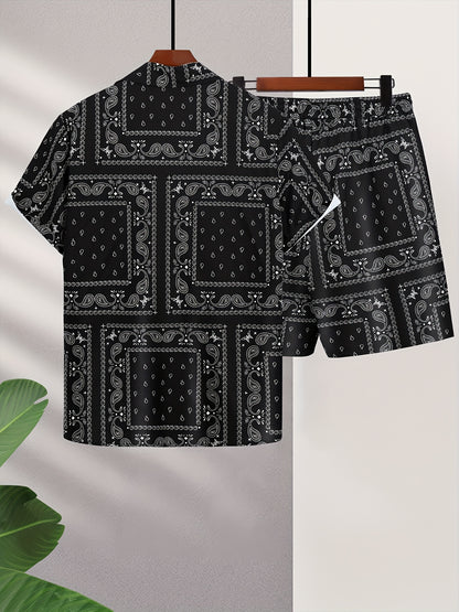 Men's Paisley Print Short Sleeve Shorts Single Button Shirt Suit with Elastic Cord and Pockets