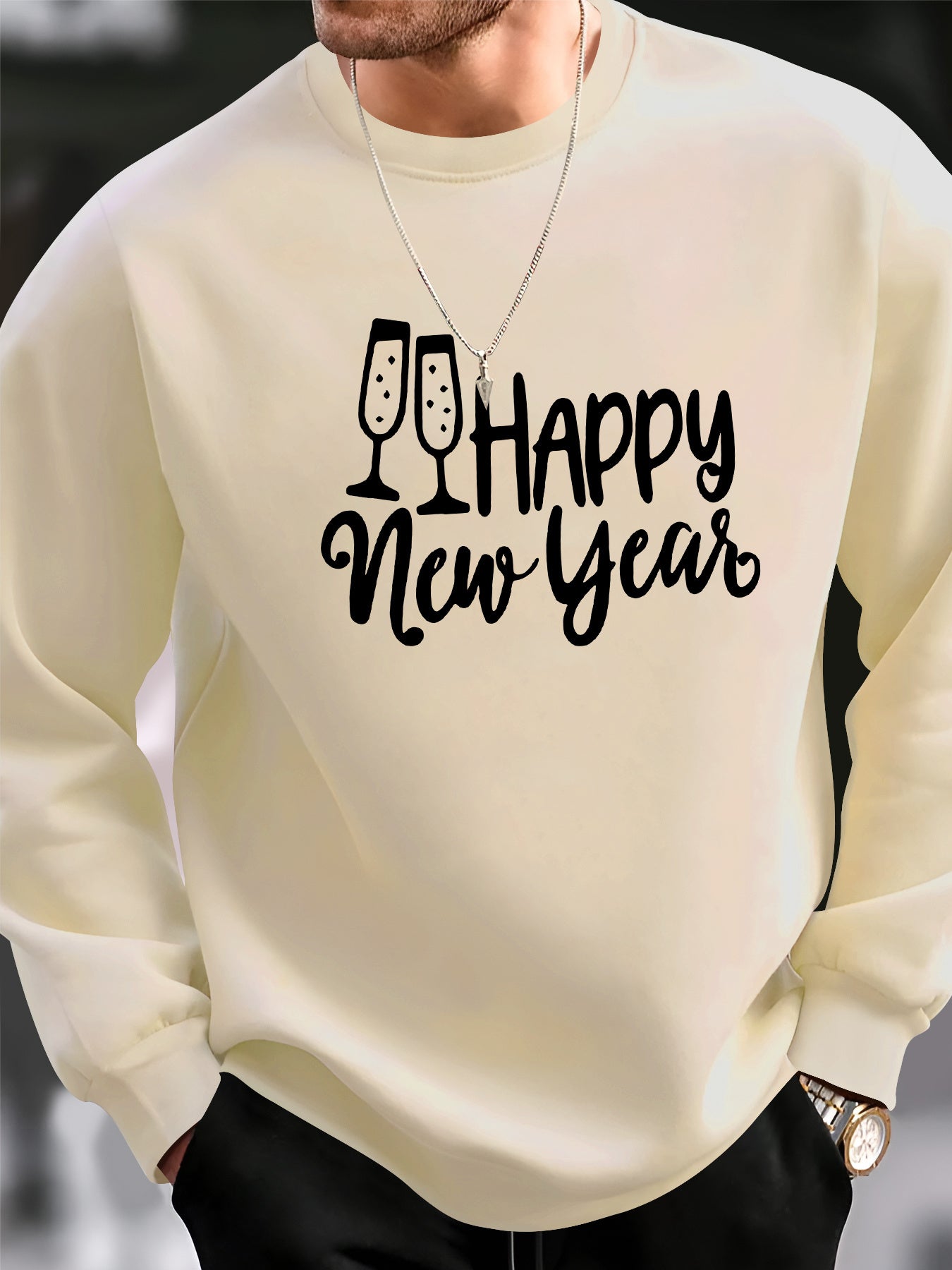 Men's Happy New Year Print Sweater - Champagne Glass & Confetti Design, Round Neck Casual Pullover, Machine Washable Winter Warmth, Comfortable Knit Sweater for Parties & Casual Attire (New Year's Eve Outfits) - Stylish Men's