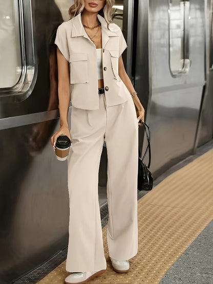 Women's Casual Solid Color Shirt and Pants 2pcs Set, Spring Summer 2pcs Set: Solid Color Button-Up Short Sleeve Top and Pocket Pants, Women's Casual Elegant Spring Summer 2pcs Outfit, Women's Outing and Date Wear, Spring Summ