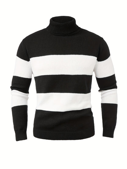 Men'S High-Neck Striped Knit Sweater, Stylish Color-Blocked Pullover for Spring And Autumn - ayq