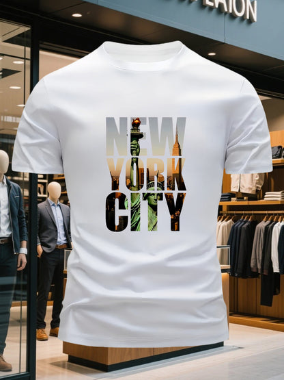 Men's 100% Cotton Crew Neck Short Sleeve T-Shirt with New York City Graphic Print - Navy Blue Casual Comfort Fit Tee, Machine Washable Everyday Essential, Allseason Apparel, Comfortable Outfit, Urban Style, Breathable Materia