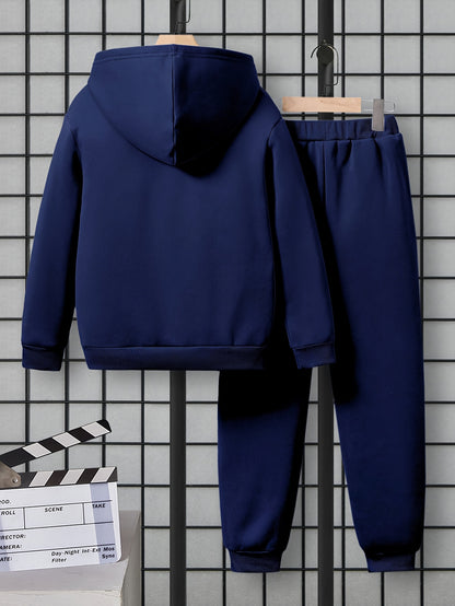 Boys' Fashionable Hooded Fleece-Lined Warm Long-Sleeve Sweatshirt with Scenic Print + Straight-Leg Comfortable Loose Pants Winter Outing Two-Piece Set, Perfect for Outdoor