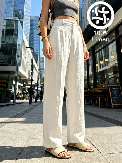 Elegant 100% Linen Long Straight Pants with Pockets for Spring